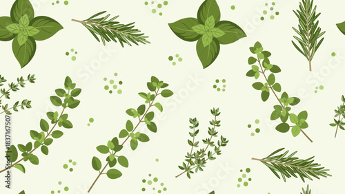 Seamless pattern of fresh green culinary herbs like basil, rosemary, and oregano on a light background