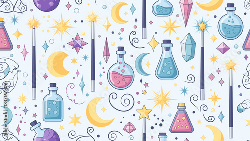 Pixel art magic potion and crystal seamless pattern background with wands and moons