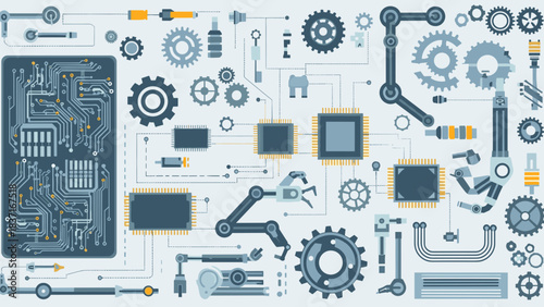 Set of mechanical parts, gears, robotic arms, and electronic circuit board components for technology and engineering concepts
