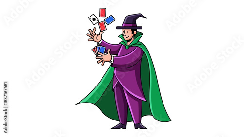 Smiling magician performing a card trick with levitating cards