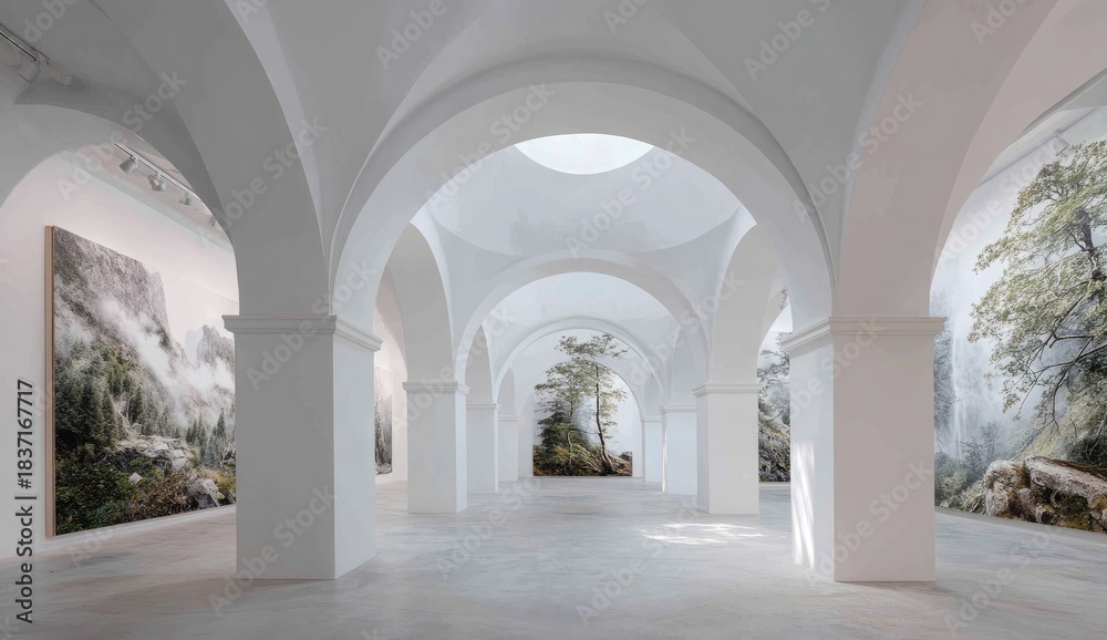 Fototapeta premium An expansive, well-lit hall showcases nature photography with large arches and high ceilings, inviting exploration