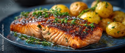 Pan-seared salmon fillet with crispy skin and thyme garnish served with roasted baby potatoes on a blue plate against a dark stone setting.