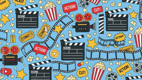Seamless pattern with movie making elements clapperboards, film strips, cameras, popcorn, and action signs on blue background