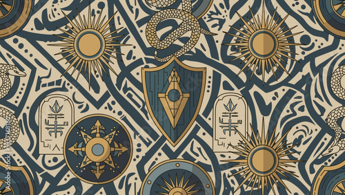 Esoteric seamless pattern with sun, shield, snake, and ancient symbols in blue and gold tones