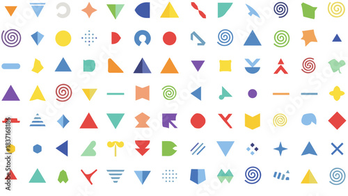 Collection of colorful abstract geometric shapes and icons on