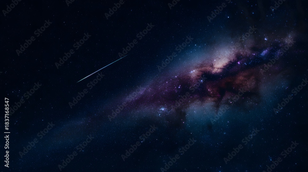 Obraz premium Cosmic wonder a vibrant spiral galaxy ablaze with starlight and a fleeting shooting star