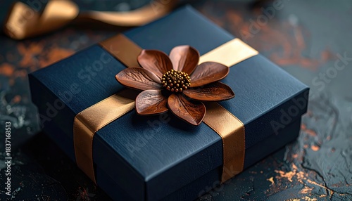Elegant navy gift box with a metallic gold ribbon & copper flower on a textured dark brown surface