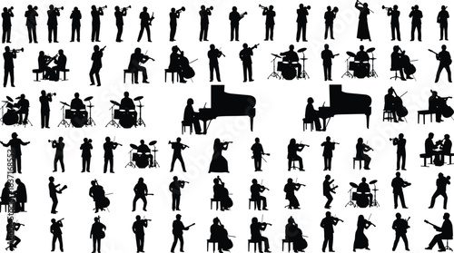 Large collection of musician silhouettes playing instruments, orchestra band performers, music ensemble figures, jazz, classical, drummer, pianist, violinist artwork