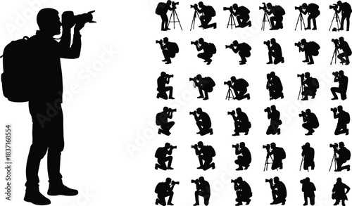 Collection of photographer silhouettes with camera and tripod, professional photography poses, backpack traveler photographer actions, shooting positions illustration