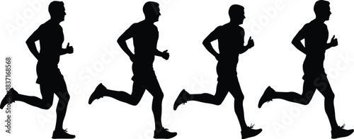 Running man silhouette sequence, athletic male jogger in motion, fitness workout posture collection for sports design, training illustration and animation