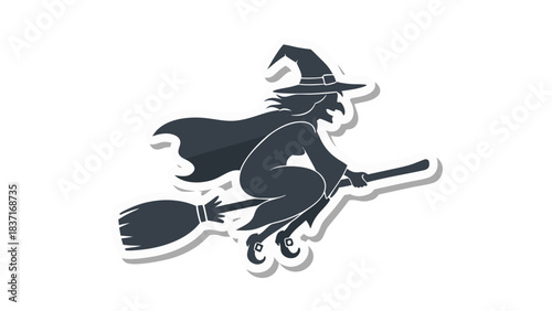 Silhouette of a Witch Flying on a Broomstick Against a Black Background with White Outline