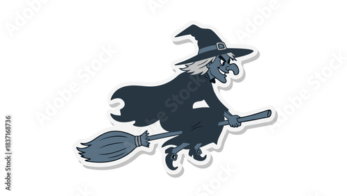 Silhouette of a Witch Flying on a Broomstick Under a Dark Sky With a Gray Cloak and Hat Featuring a White Buckle and a Shadowy Figure Against a Black Background
