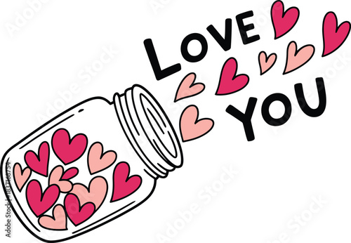 Love you message with hearts spilling from jar, sweet design.