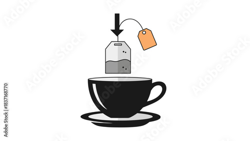 Simple Black and White Illustration of a Tea Bag Being Steeped in a Dark Teacup on a Saucer with an Orange Tag Against a Black Background