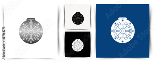 A detailed vector illustration of a heavy steel bank vault door designed with precise geometric shapes and strong industrial elements