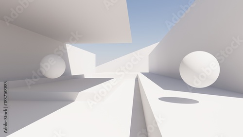 3d render of abstract modern geometry architecture with pool, spheres and  water, Minimal white building with exterior pool against blue sky background