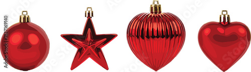 Glossy Red Christmas Ornament Vector Collection Featuring Round Bauble, Star, and Textured Heart Shapes, Ideal for Festive Holiday Decor and Seasonal Retail Graphics