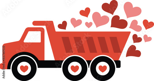 Red dump truck delivering many hearts, love and romance concept