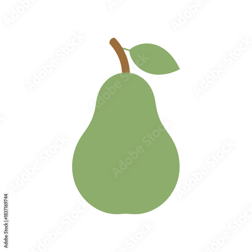 A simple green pear with a stem and leaf.
