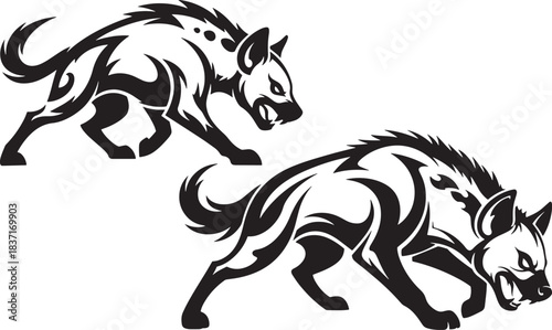 Fierce Tribal Hyena Silhouette Vector Tattoo Set - African Wildlife Predator Mascot Graphic