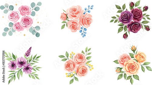 Comprehensive vector set of six watercolor floral arrangements featuring blush, coral, purple, and peach roses with lavender and eucalyptus, ideal for elegant wedding and greeting card designs