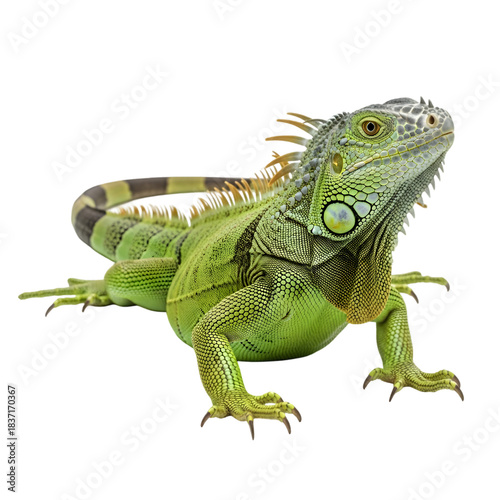 Tableau sur toile Close up portrait of a vibrant green iguana with detailed scales and intense gaz