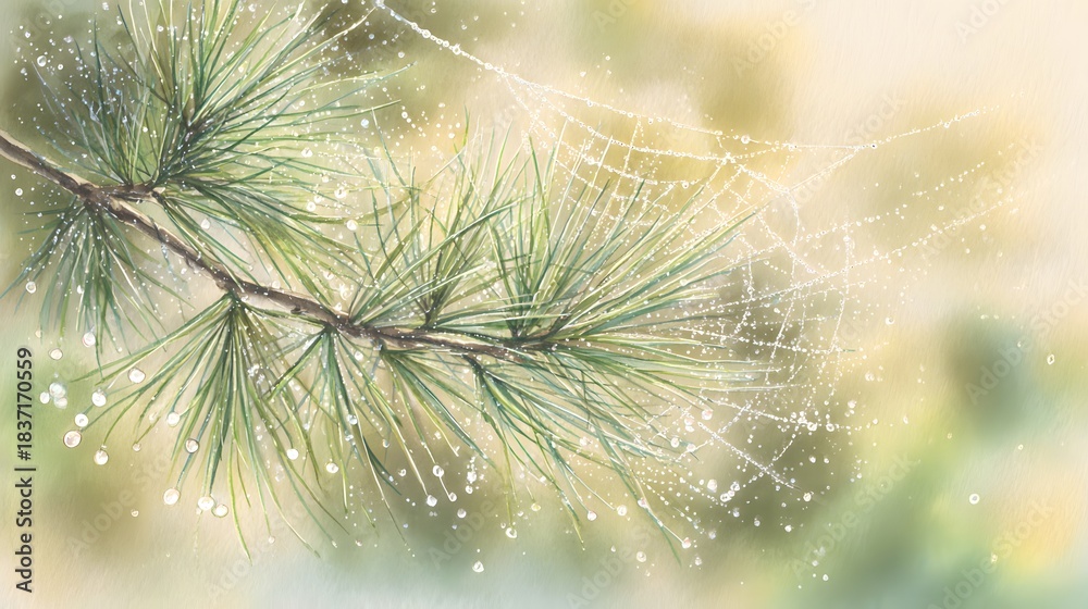 Obraz premium Dewy spiderweb on a pine branch bathed in soft sunlight pastel green gold illustration