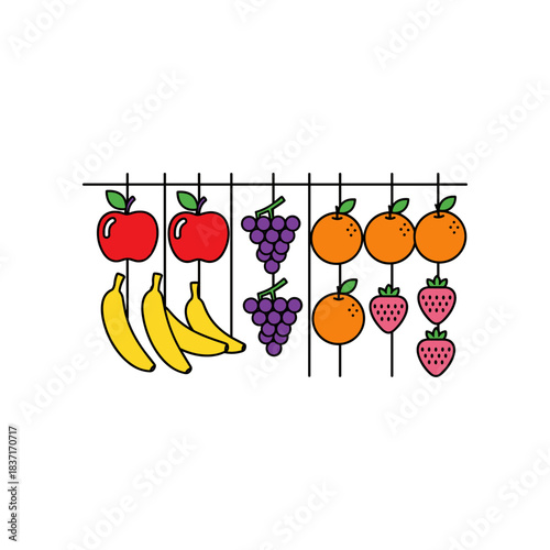 Colorful Assortment of Fresh Fruits Hanging on a Rack.