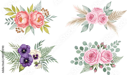Elegant collection of watercolor-style floral bouquets featuring pink peonies, blush roses, purple pansies, and eucalyptus leaves, perfect vector elements for wedding invitations and feminine statione