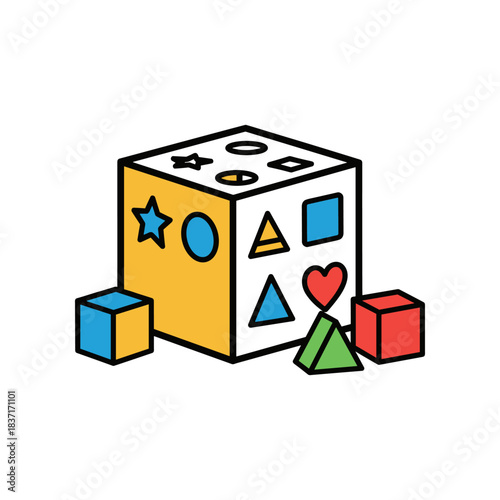 Colorful shape sorter toy with various geometric figures and blocks.