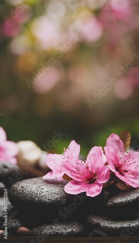 Pink blossoms grace textured stones a serene Japanese garden evokes tranquil peaceful moments of zen beauty
