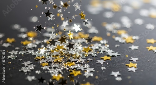 Sparkling gold and silver star confetti on a dark surface