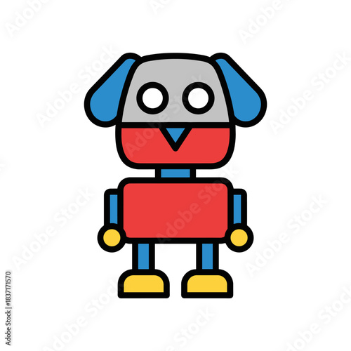Cute robot dog with blue ears and red body standing upright.