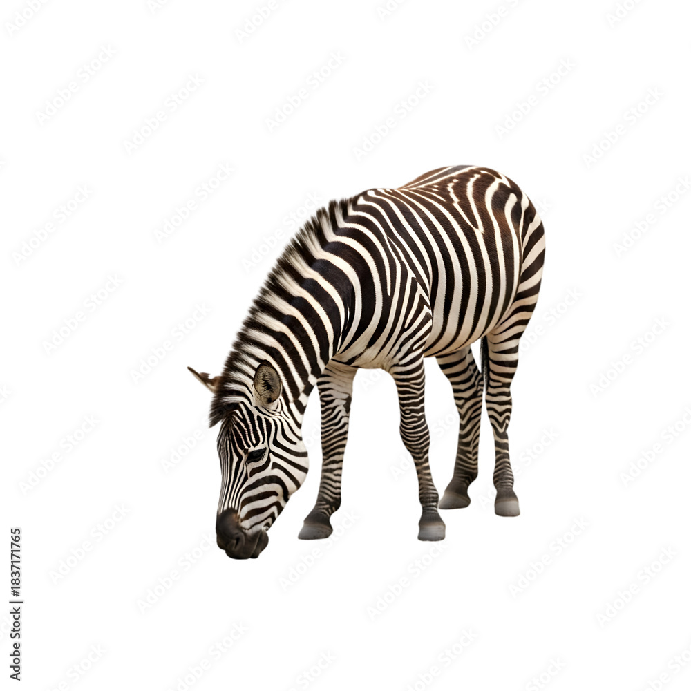 Fototapeta premium Zebra grazing in dark environment with dramatic lighting and distinctive stripe pattern