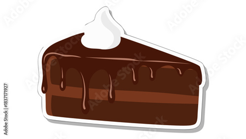 Slice of rich chocolate cake with glossy ganache dripping over layers topped with whipped cream on a white background a delectable dessert illustration