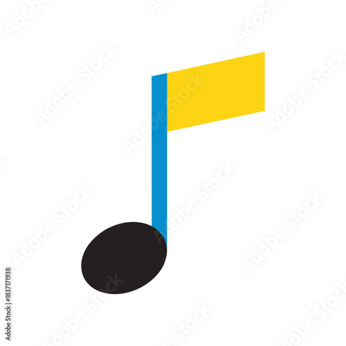 Isometric Musical Note Illustration with Blue Stem and Yellow Flag.