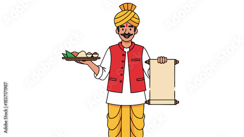 Smiling Indian Man Wearing Yellow Turban and Red Vest Holding Plate of Food and Scroll With Copy Space