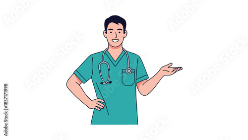 Smiling Male Doctor in Teal Scrubs with Stethoscope Gesturing to the Side Against a Black Background Professionally Posed and Ready to Assist