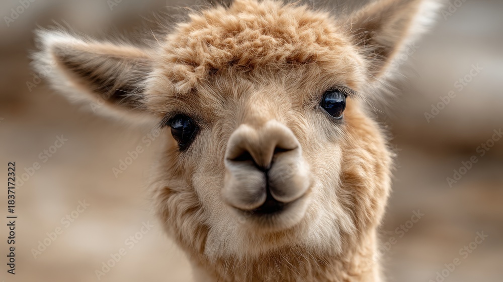 Obraz premium A young alpaca looks sweetly at the viewer surrounded by a soft landscape under clear skies.
