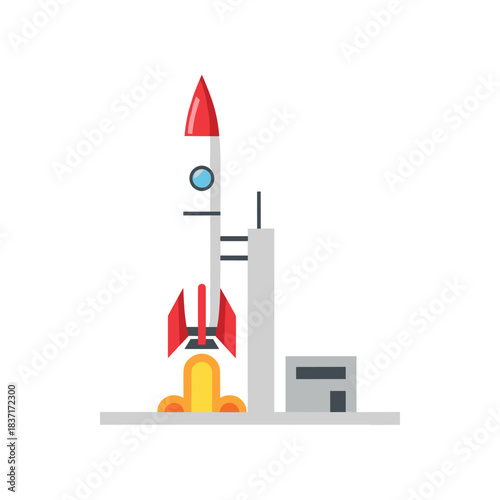 Rocket ship ready for launch on the launchpad with fire and smoke.