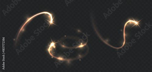 Vector illustration. Star glitter trail, golden flash light with particles, swirls of gold dust..