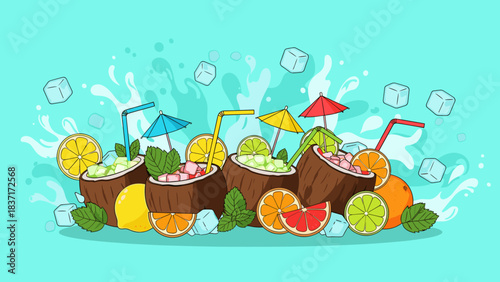 Tropical coconut cocktails with fresh fruits and ice cubes splash illustration