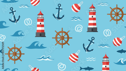 Nautical seamless pattern with lighthouses, ship wheels, anchors, and waves on blue background