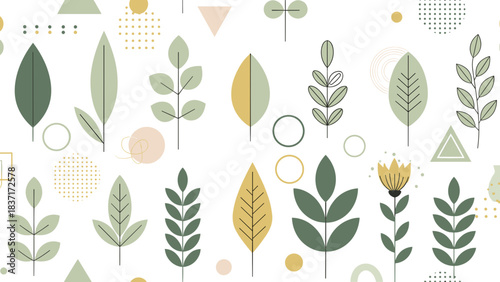 Seamless pattern with stylized leaves and abstract geometric shapes in muted pastel colors