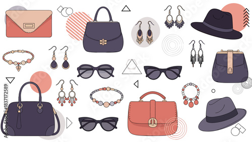 Collection of womens fashion accessories handbags, hats, sunglasses, and jewelry