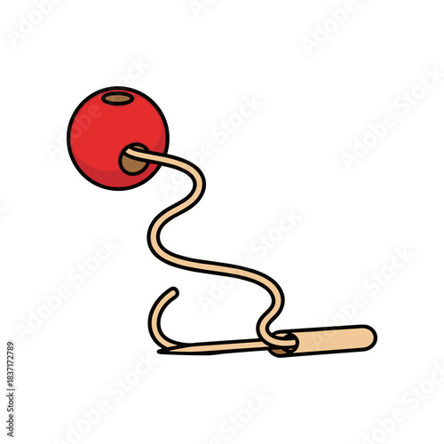 Traditional Japanese Kendama Toy with Red Ball and String.