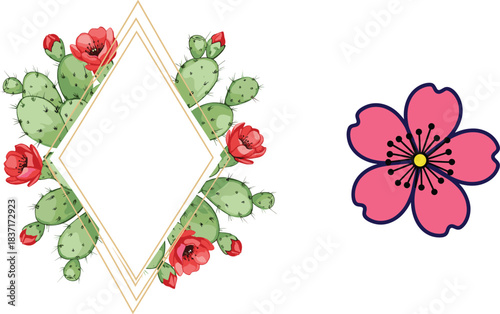 Elegant blooming prickly pear cactus frame with golden rhombus border, perfect vector illustration for wedding invitations, Mexican fiesta event decor, tropical greeting cards, and summer poster backg