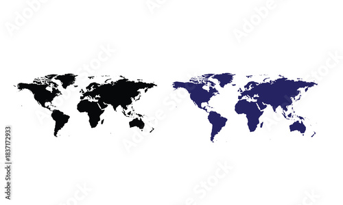 World map silhouettes in black and blue, isolated on white background