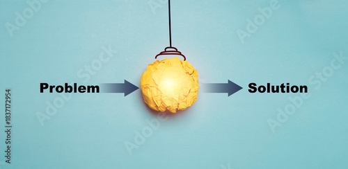 Quadro em tela Creative concept showing the transition from problem to solution with a glowing yellow idea symbol representing innovation, brainstorming, business strategy and effective problem-solving process