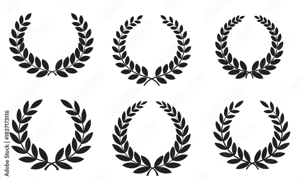 Obraz premium Six black laurel wreaths collection isolated on white background